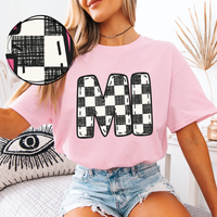 MI Michigan Bubble Stitch Distressed Checkers Black White Digital Design, PNG