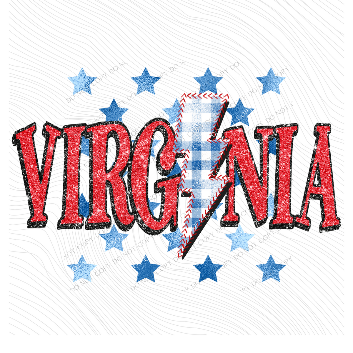 Virginia Glitter with Foil Stars & Gingham Stitched Bolt in Red, White & Blue Patriotic Digital Design, PNG