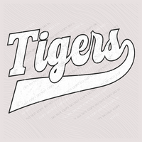 Tigers Aged Old School Digital Design in White with Black Outline, PNG