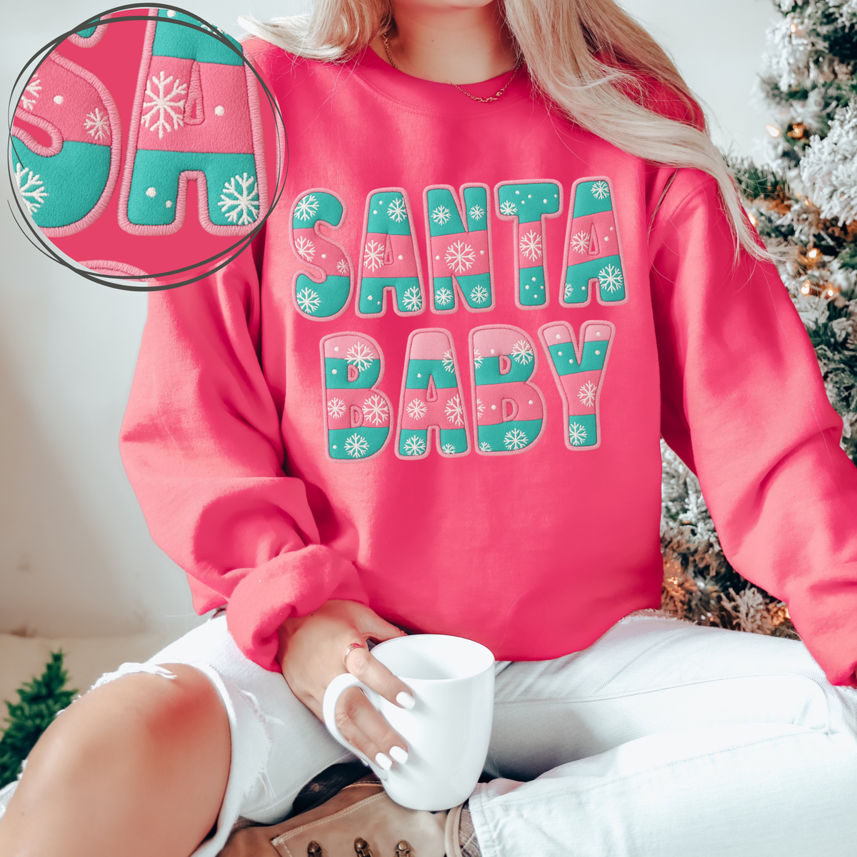 Santa Baby Aqua & Pink 3D Embroidered Plush Christmas Digital Design, PNG