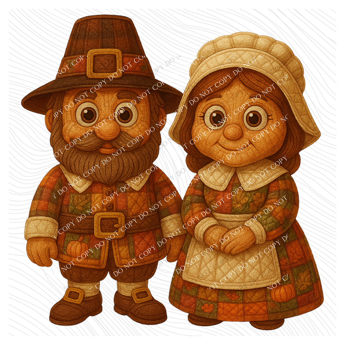 Cute Fall Pilgrims in 3D Quilted & Embroidery Style Digital Download, PNG