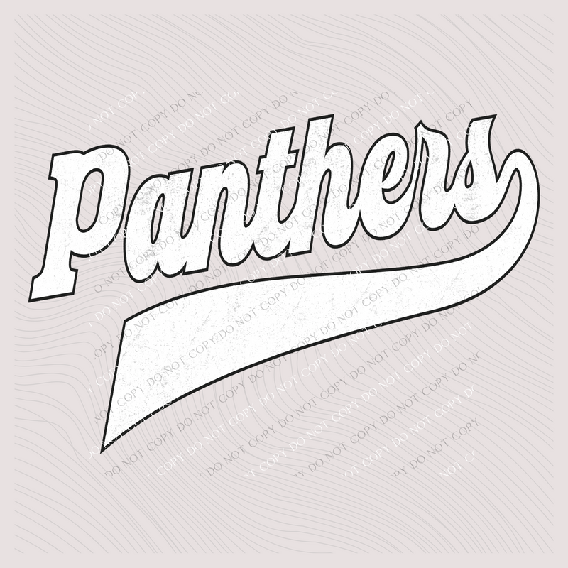Panthers Aged Old School Digital Design in White with Black Outline, PNG