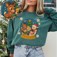 Reindeer & Friends Snow Globe & Snowflakes 3D Yarn Style Christmas Digital Download, PNG