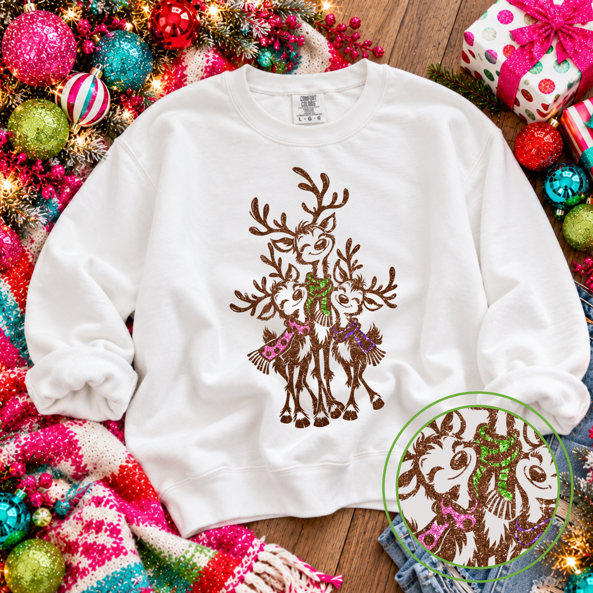 Reindeer Trio Glitter Digital Design, PNG