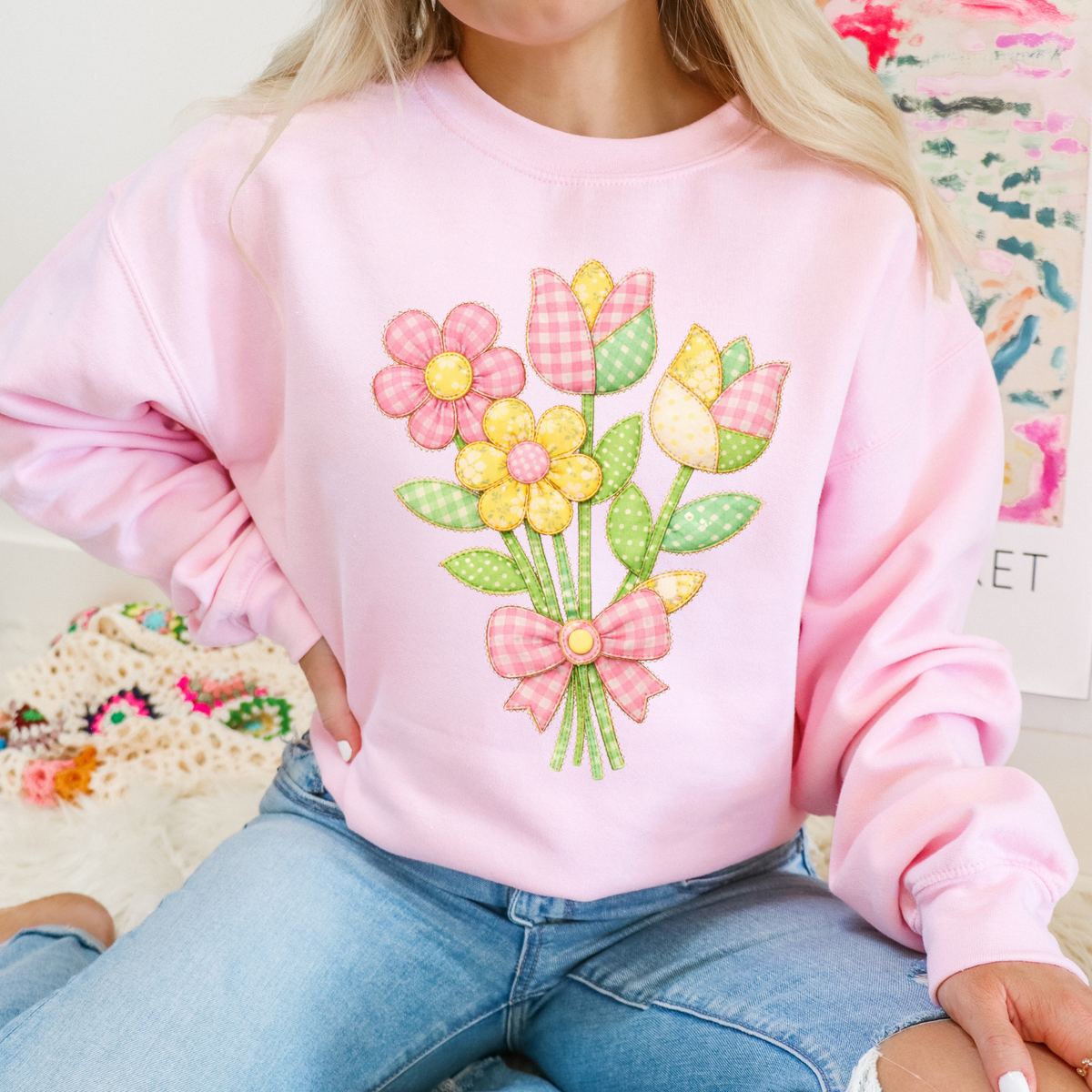 Flowers Spring Tones Quilted Faux Patch Digital Design, PNG