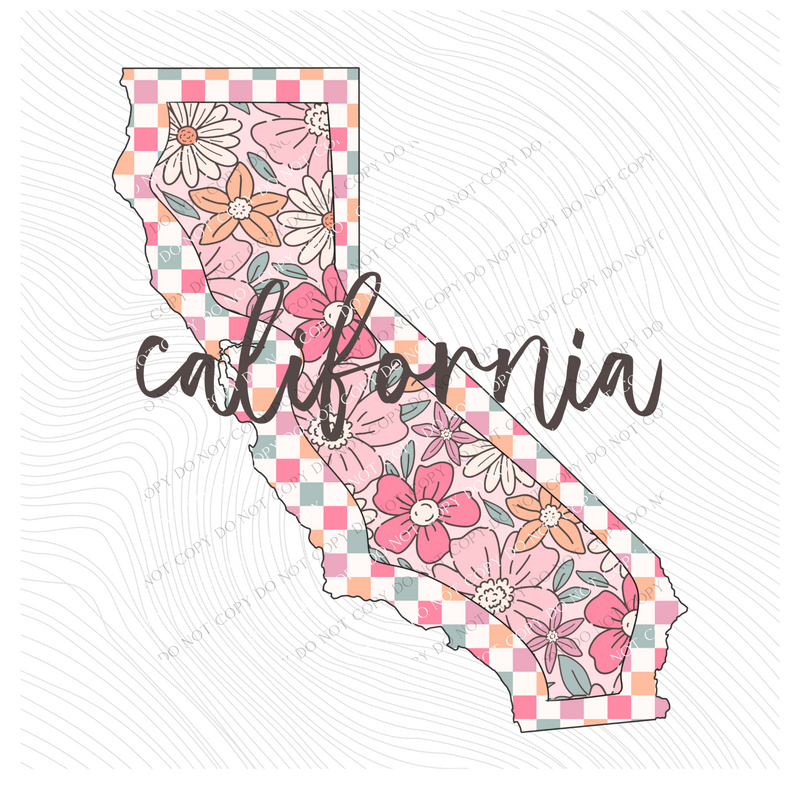 California Checkered Floral in Summery Colors Digital Design, PNG