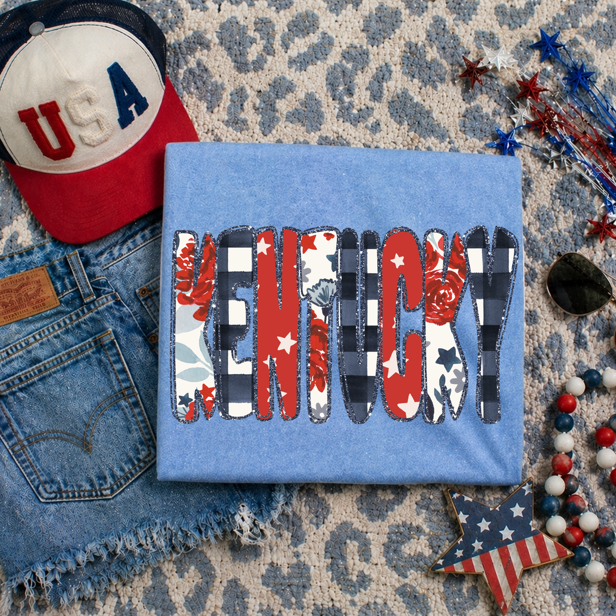 Kentucky Glitter, Floral, Gingham & Stars Patriotic Digital Design, PNG