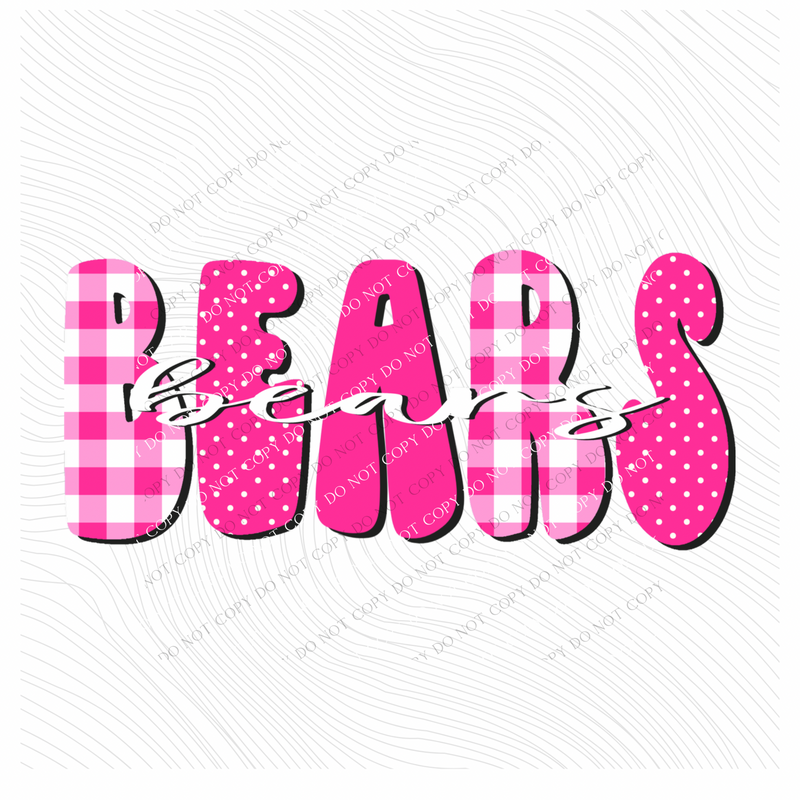 Bears Gingham Dots Groovy Script in Pink & White Digital Design, PNG