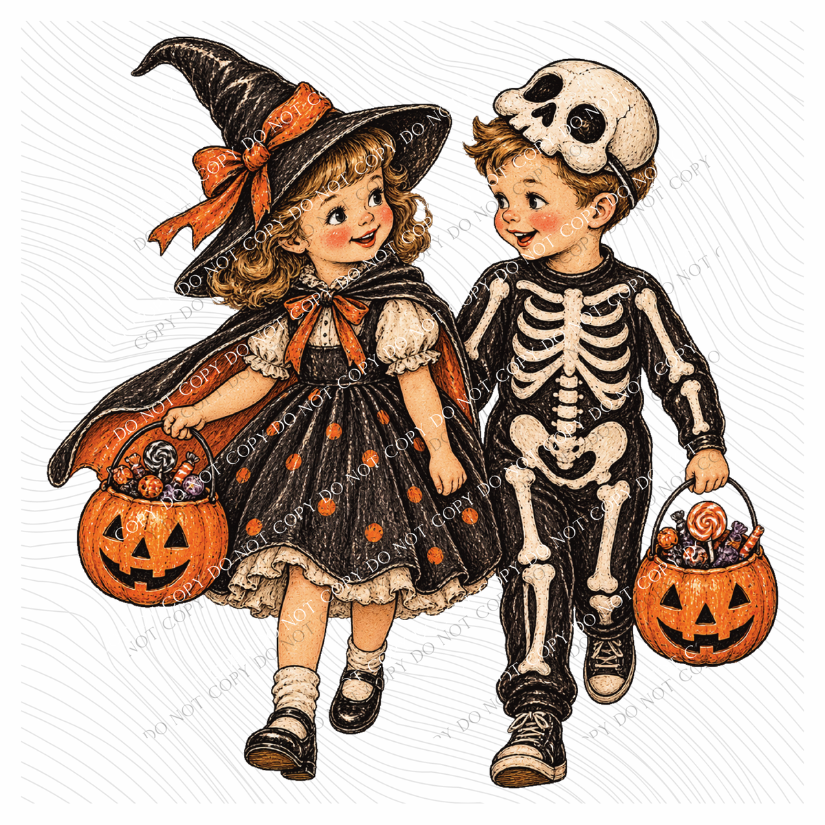 Kids Trick or Treating Vintage Sketch Digital Design, PNG