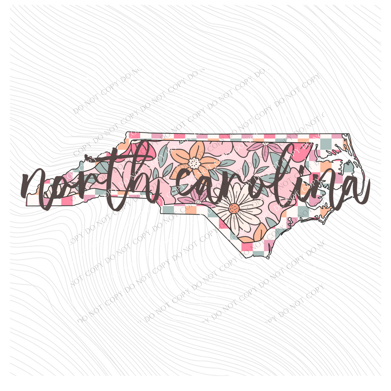 North Carolina Checkered Floral in Summery Colors Digital Design, PNG