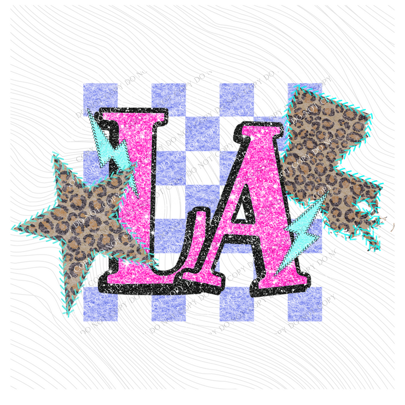 Louisiana Leopard Checkered Glitter Star & Stitched Bolt & State in Bright Summer Colors Digital Design, PNG