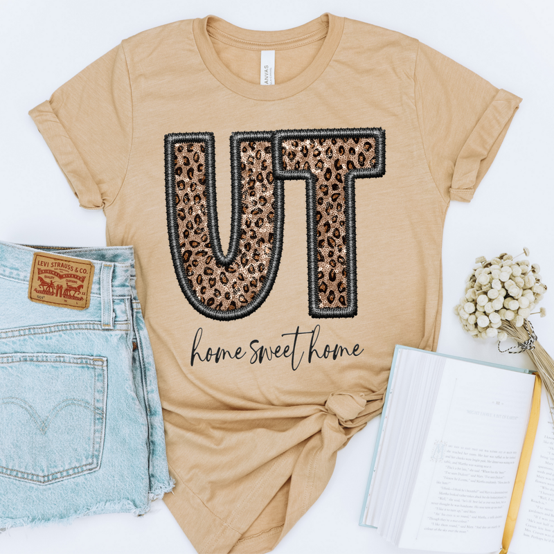 UT Utah Faux Embroidery Leopard Sequin with separate Home Sweet Home Script in Black,  Digital Design, PNG