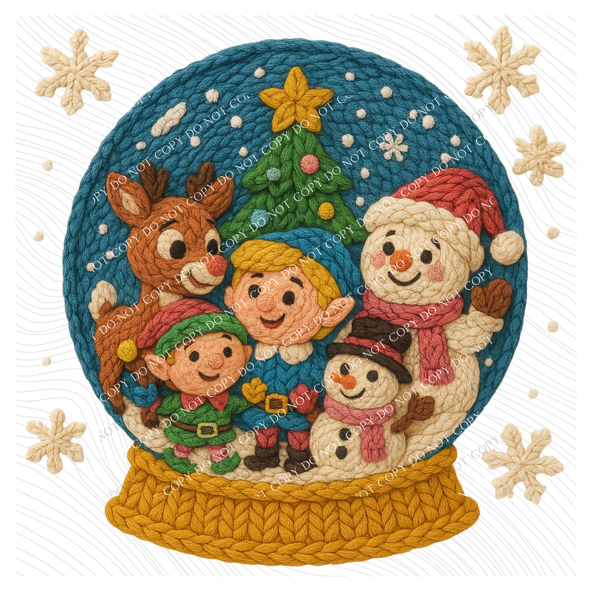 Reindeer & Friends Snow Globe & Snowflakes 3D Yarn Style Christmas Digital Download, PNG
