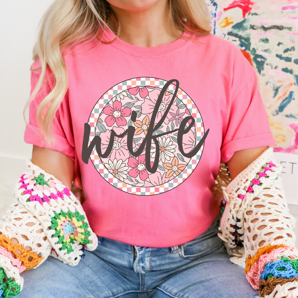 Wife Checkered Floral Script Circle in Summery Colors Digital Design, PNG