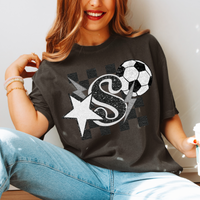 Soccer Checkered Glitter Star & Stitched Bolt with Sequin Ball in Black & White Digital Design, PNG