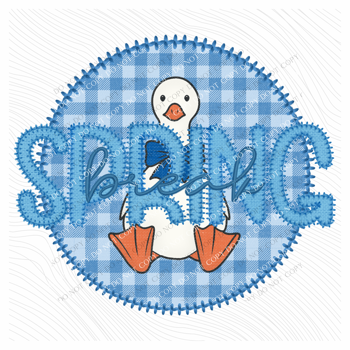 Spring Break Goose Faux Embroidery Stitch Gingham Texture Circle Blue Digital Design, PNG