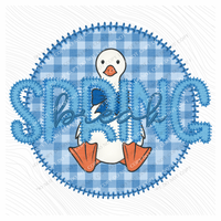 Spring Break Goose Faux Embroidery Stitch Gingham Texture Circle Blue Digital Design, PNG