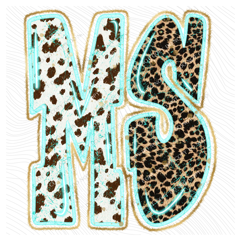 MS Mississippi Turquoise Glow Gold Foil Western Leopard & Cow Print Digital Design, PNG Only