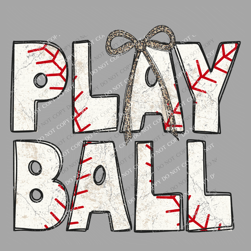 Play Ball  Baseball Stitch Leopard Bow Doodle Distressed Digital Design, PNG