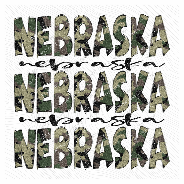 Nebraska Camo Glitter Stacked with Glitter Script Digital Design, PNG