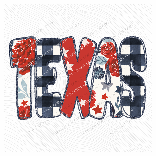 Texas Glitter, Floral, Gingham & Stars Patriotic Digital Design, PNG