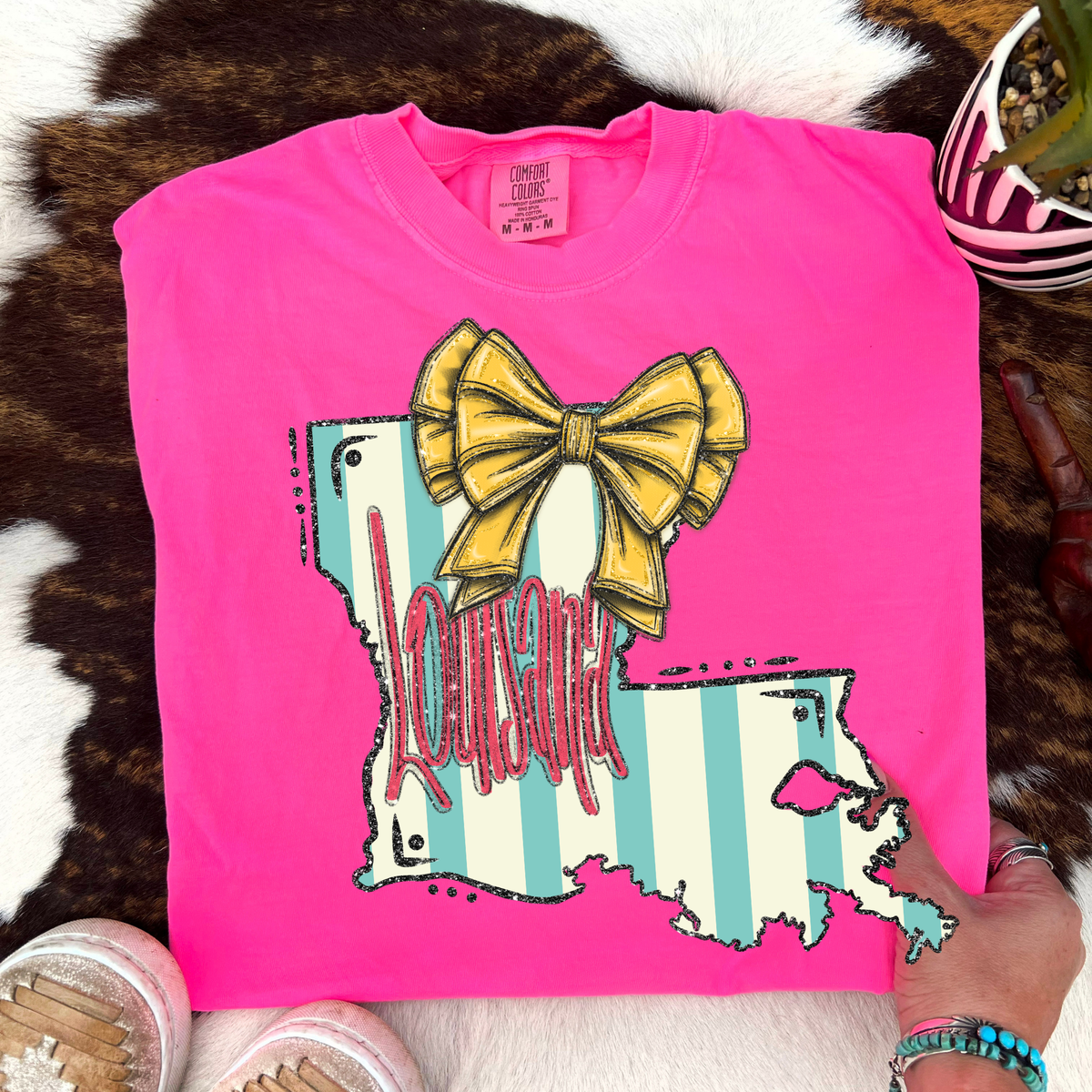 Louisiana Glitter Bow & Stripes Coquette Digital Design, PNG