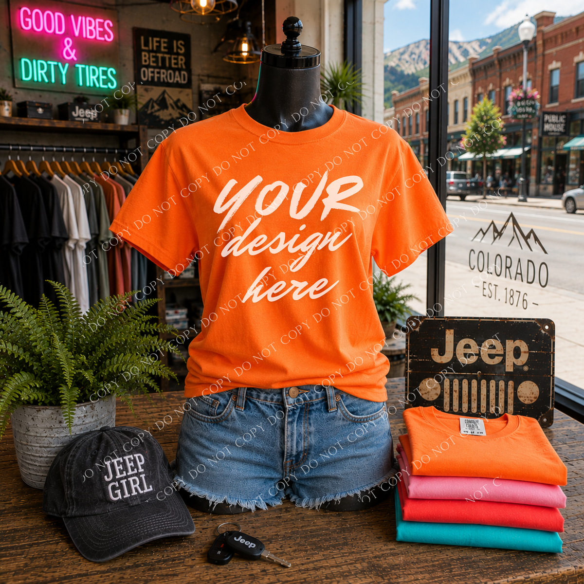 Jeep Girl Blank Mockup, Comfort Colors 1717 Bright Orange