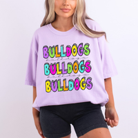 Bulldogs Bubble Dot Stacked Script Distressed in Neons Digital Design, PNG