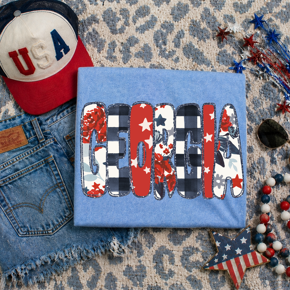 Georgia Glitter, Floral, Gingham & Stars Patriotic Digital Design, PNG