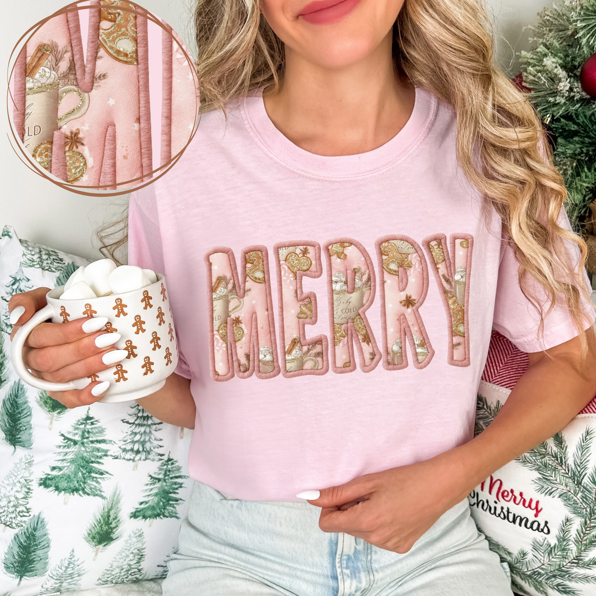 Merry Cocoa Pink Glitter 3D Faux Fabric Patch Digital Design, PNG