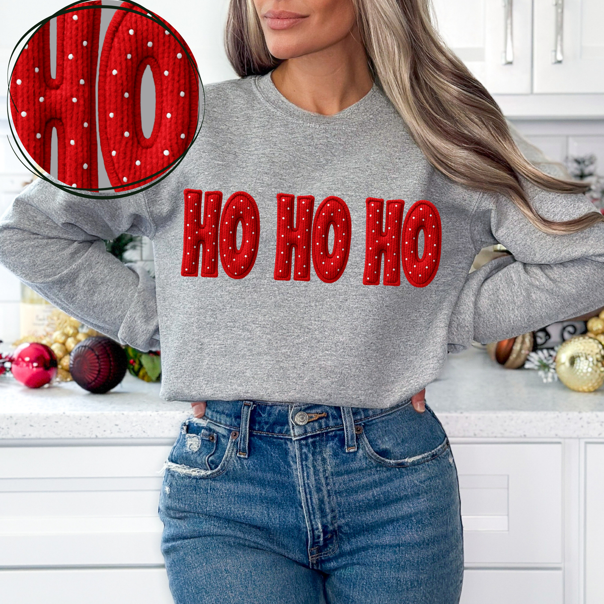 Ho Ho Ho Red Polka Dot 3D Faux Fabric Patch Digital Design, PNG