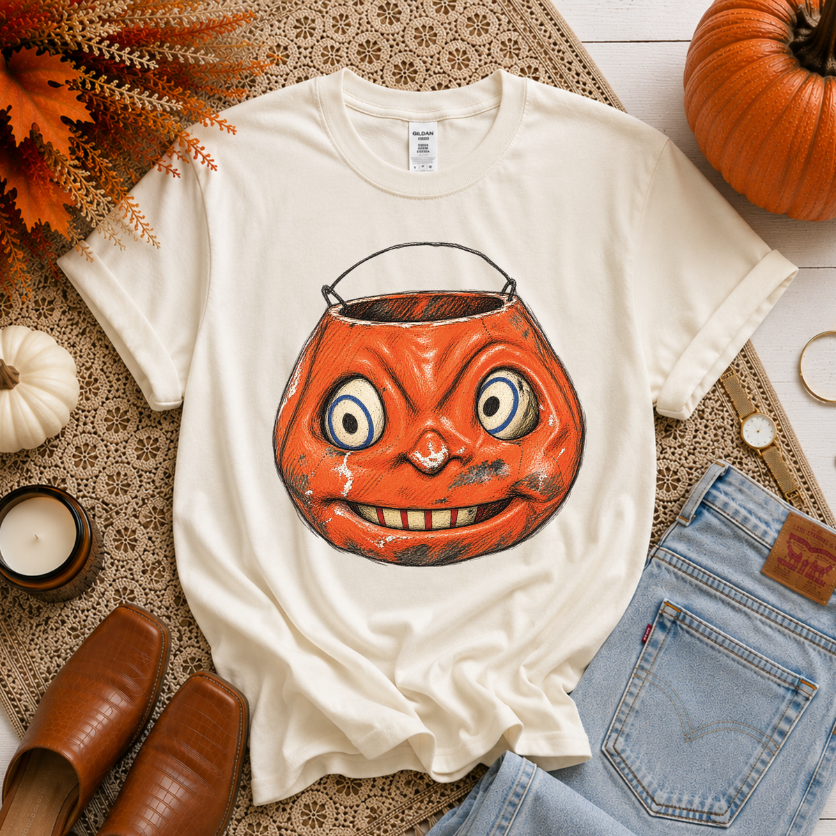 Spooky Vintage Pumpkin Bucket Sketch Digital Design, PNG