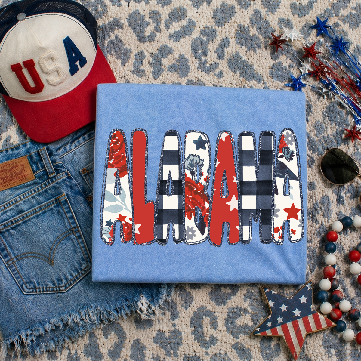 Alabama Glitter, Floral, Gingham & Stars Patriotic Digital Design, PNG