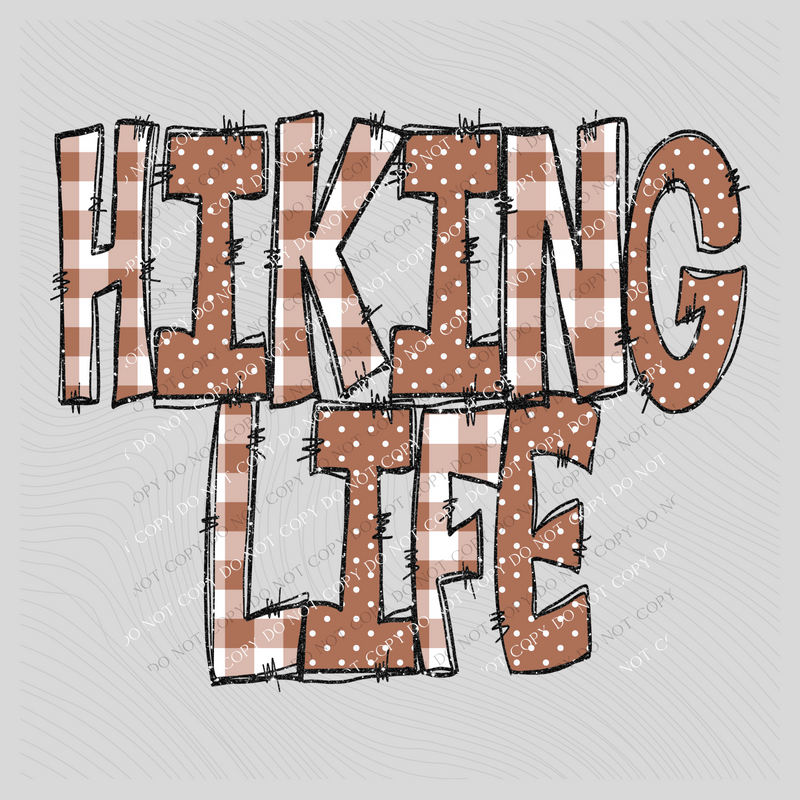 Hiking Life Doodle Gingham, Dots & Glitter in Brown Digital Design, PNG