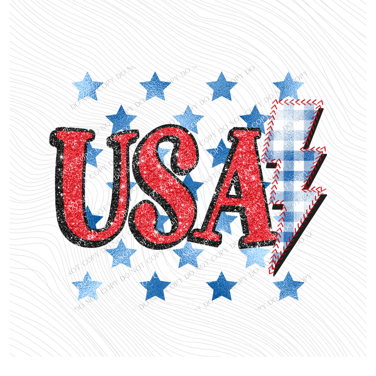 USA Glitter with Foil Stars & Gingham Stitched Bolt in Red, White & Blue Patriotic Digital Design, PNG