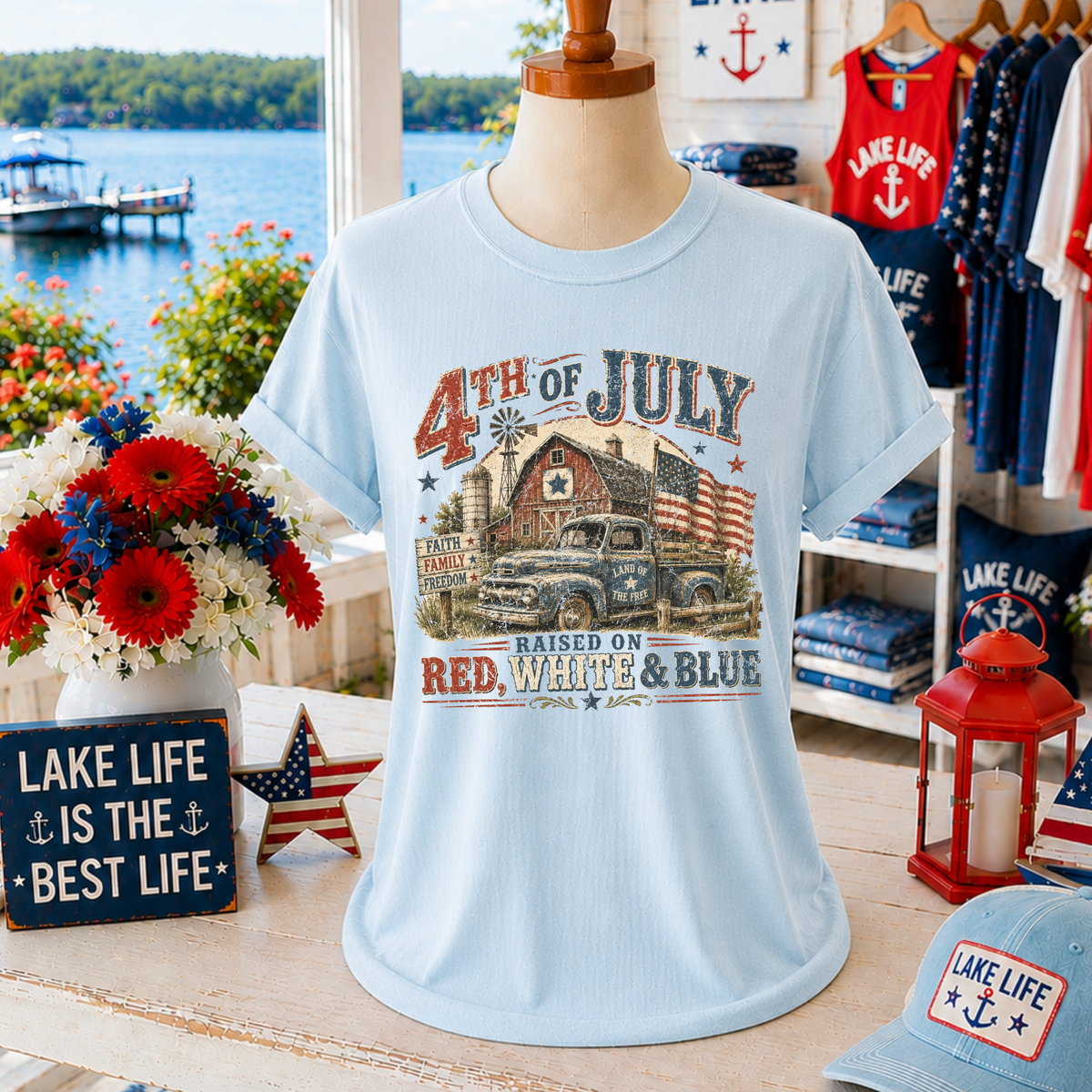 Raised on Red, White & Blue Farm Retro Vintage Distressed Patriotic Digital Design, PNG