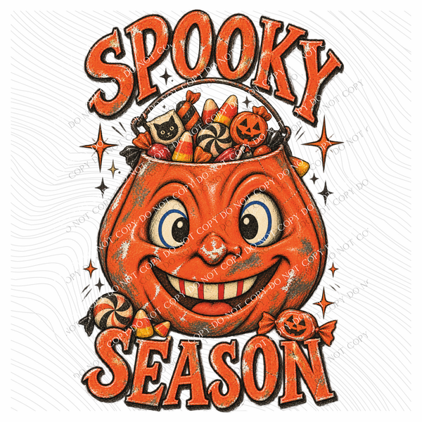 Spooky Season Vintage Pumpkin Bucket w/ Candy Sketch Digital Design, PNG