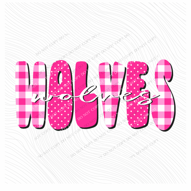 Wolves Gingham Dots Groovy Script in Pink & White Digital Design, PNG