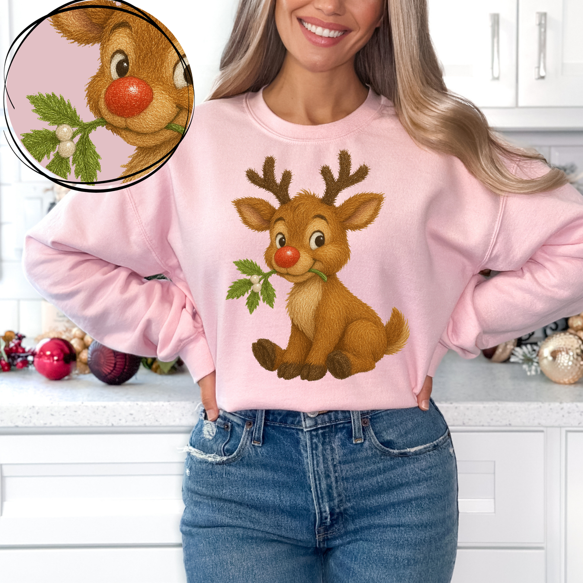 Cute Reindeer with Mistletoe Faux Tinsel Christmas Digital Download, PNG
