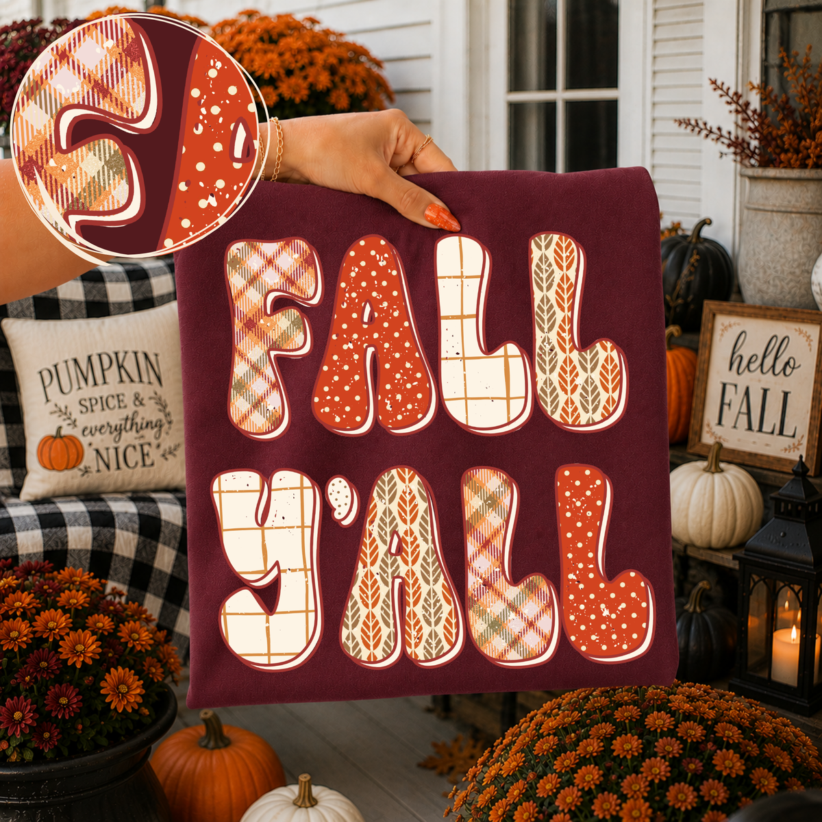 Fall Y’all Plaid Patterned Dots Digital Design, PNG