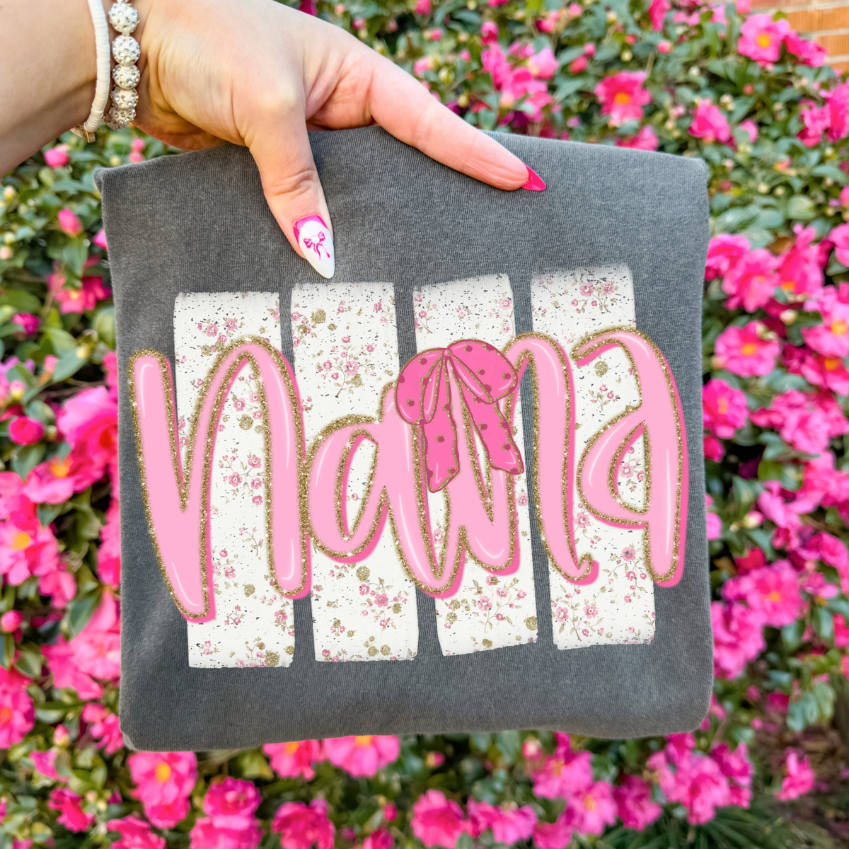 Nana Floral Distressed Stripes, Glitter & Bow Coquette Digital Design, PNG