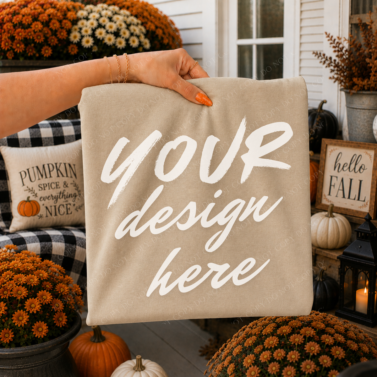 Fall Mums Porch Blank Sweatshirt Mockup, Gildan 18000 Sand