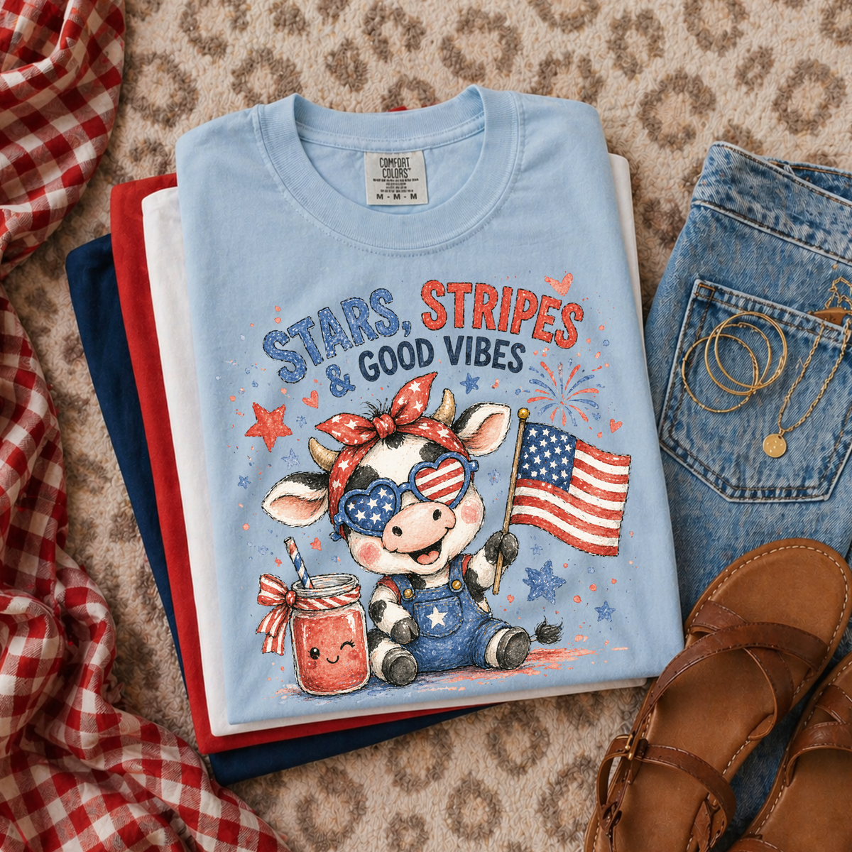 Stars, Stripes and Good Vibes Cow Patriotic Digital Design, PNG
