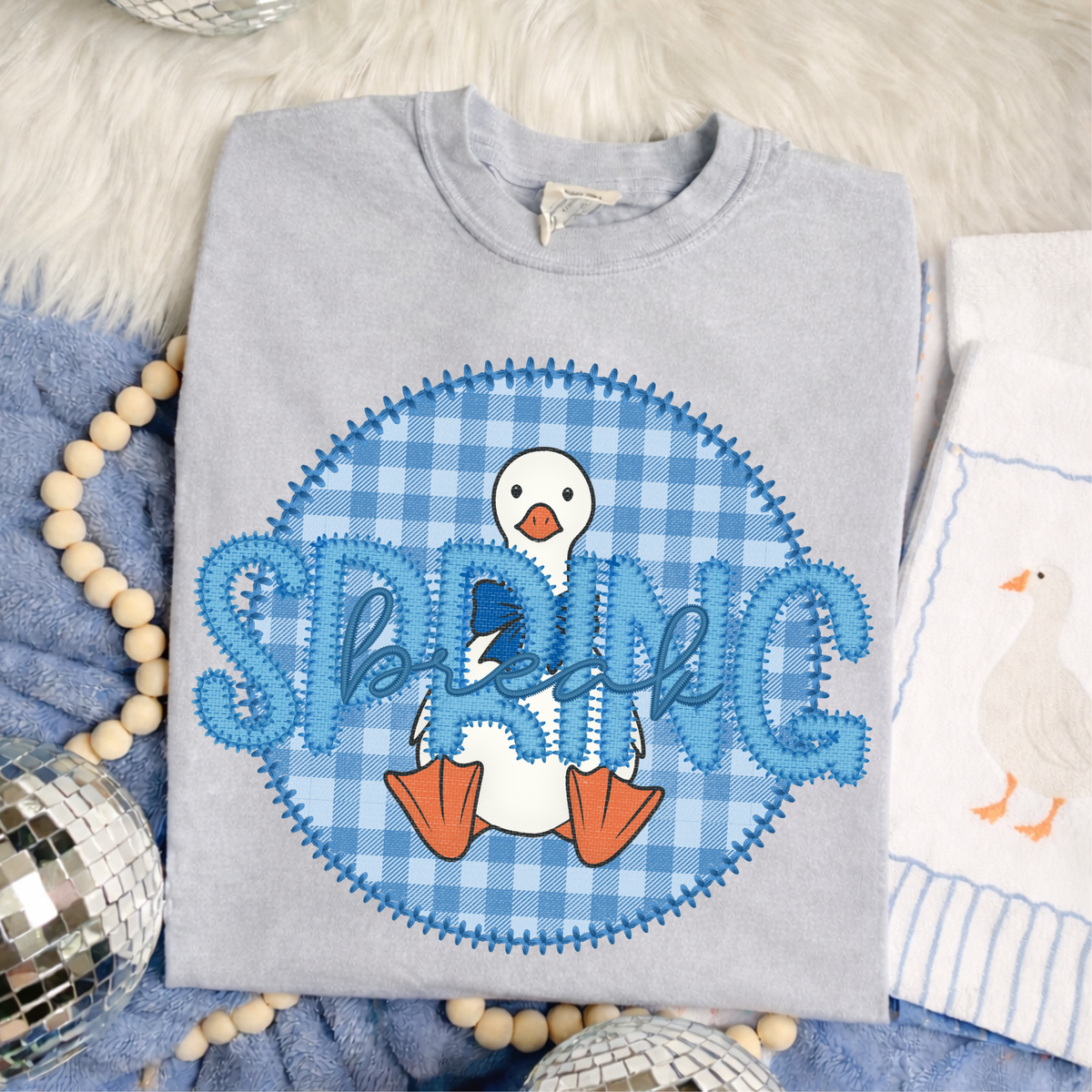 Spring Break Goose Faux Embroidery Stitch Gingham Texture Circle Blue Digital Design, PNG