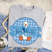 Spring Break Goose Faux Embroidery Stitch Gingham Texture Circle Blue Digital Design, PNG
