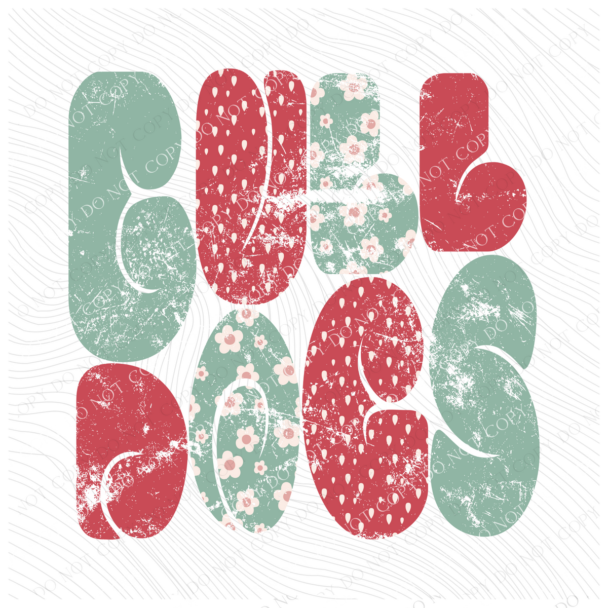Bulldogs Chubby Retro Distressed Daisies in tones of Greens & Reds Digital Design, PNG