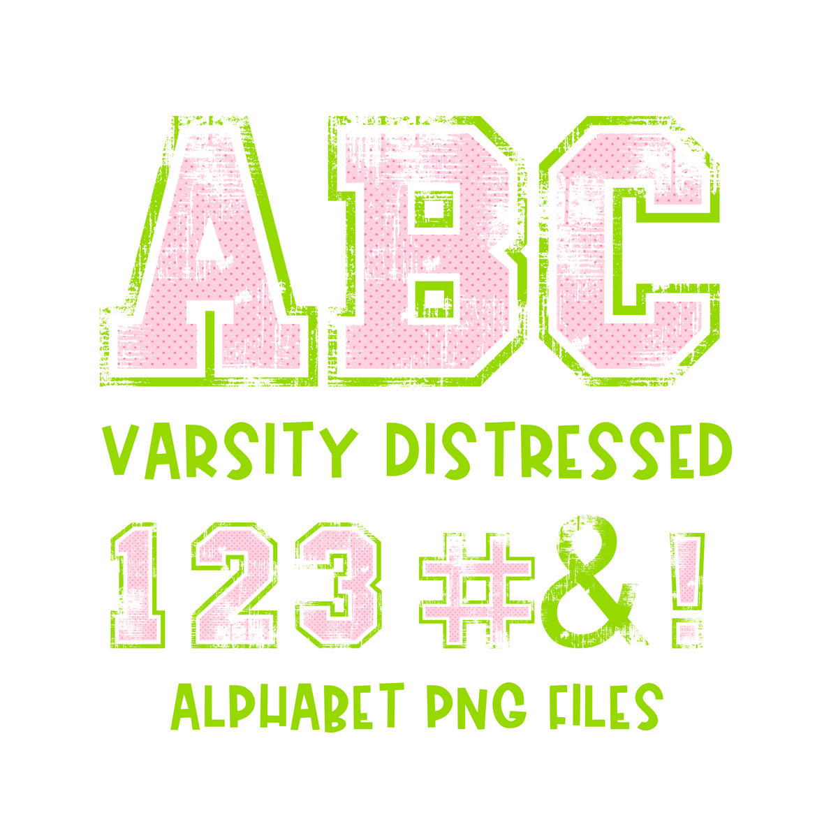 Varsity Distressed Alphabet Set in Green & Pink Polka Dot | PNG files Alphabet Letters, Digital Art, PNG Only