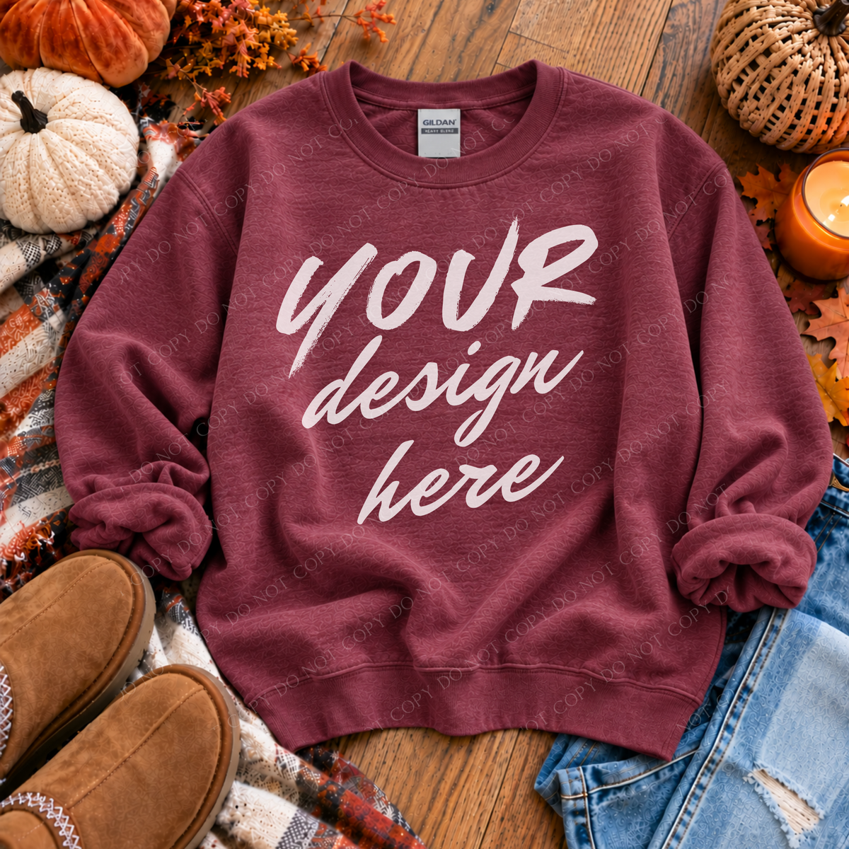 Fall Sweatshirt Flatlay Mockup, Gildan 18000 Heather Sport Dark Maroon