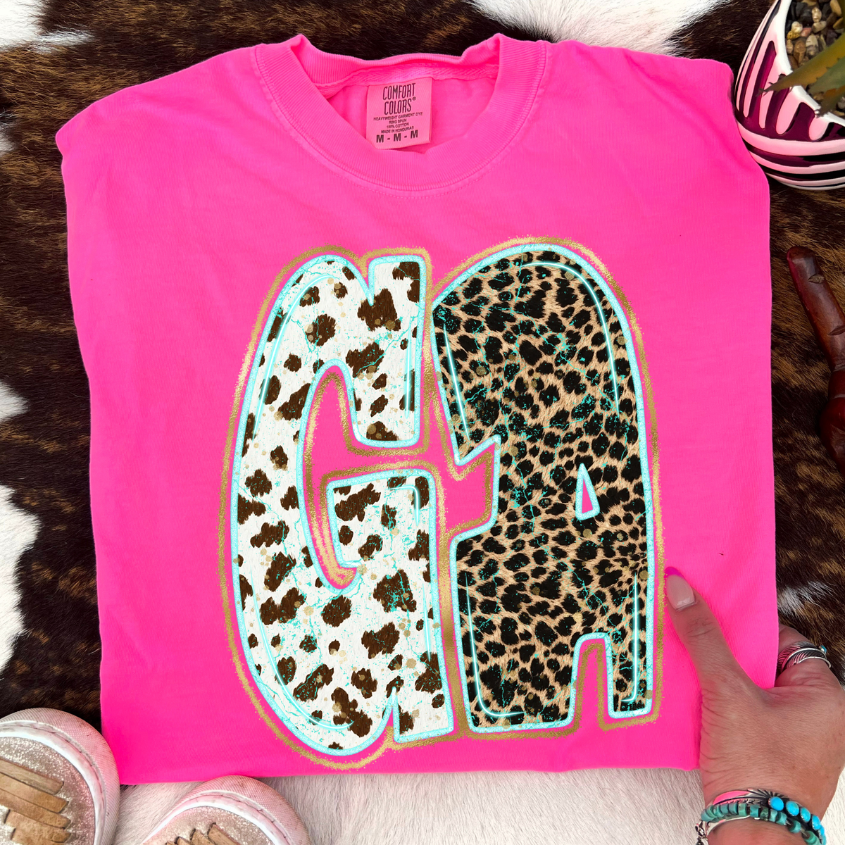 GA Georgia Turquoise Glow Gold Foil Western Leopard & Cow Print Digital Design, PNG Only