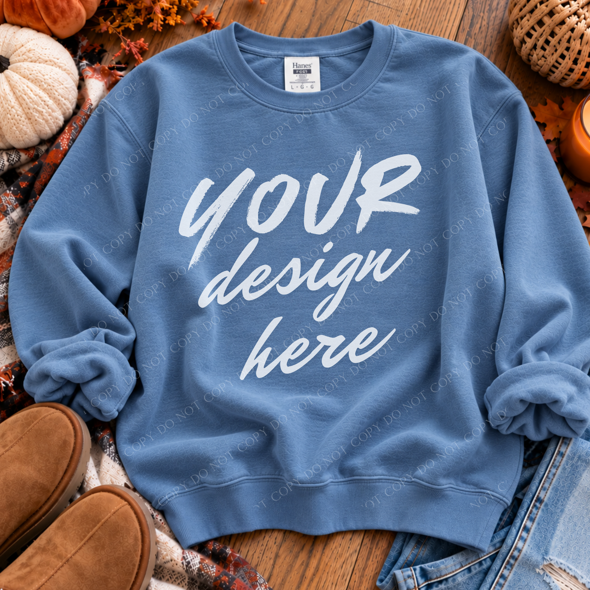 Fall Sweatshirt Flatlay Mockup, Hanes 1607 Denim Blue